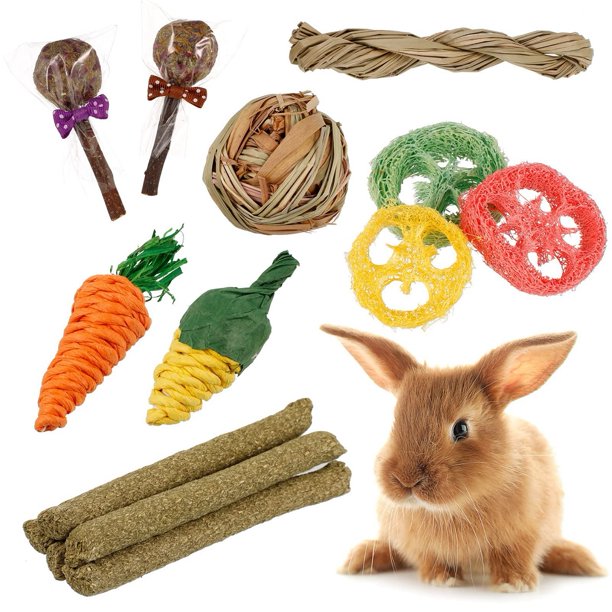 Springcorner 14Pcs Toy for Rabbit,Rabbit Chew Toys,Natural Hay Sticks for Rabbits,Loofah Apple Wood Sticks Ball Toys for Rabbits Guinea Pig Hamsters Chinchilla