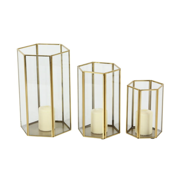 Holder/Lantern with Hexagon Silhouette, Metallic Gold Rims and Transparent Glass Panels