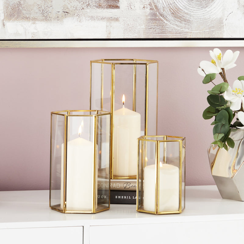 Holder/Lantern with Hexagon Silhouette, Metallic Gold Rims and Transparent Glass Panels