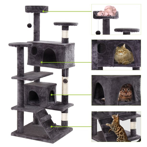 Queenmail 53 inches Multi-Level Cat Tree Stand House Furniture Kittens Activity Tower with Scratching Posts Kitty Pet Play House,Dark Grey