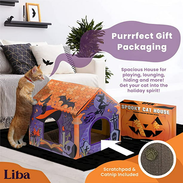 LiBa Halloween Cat House, Witch House, Cat Play House for Indoors, Scratching Toy, Cat Hideaway Furniture, Cat Halloween Toy