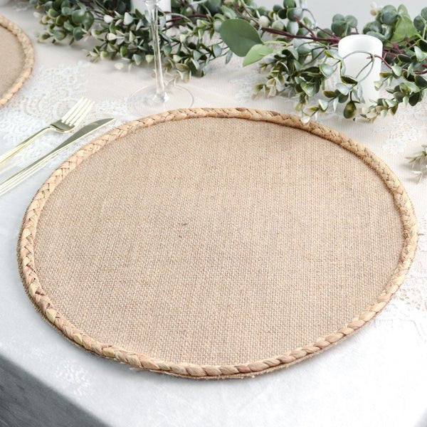 4 Pack | 15" Round Natural Rustic Burlap Jute Placemats Braided Edges