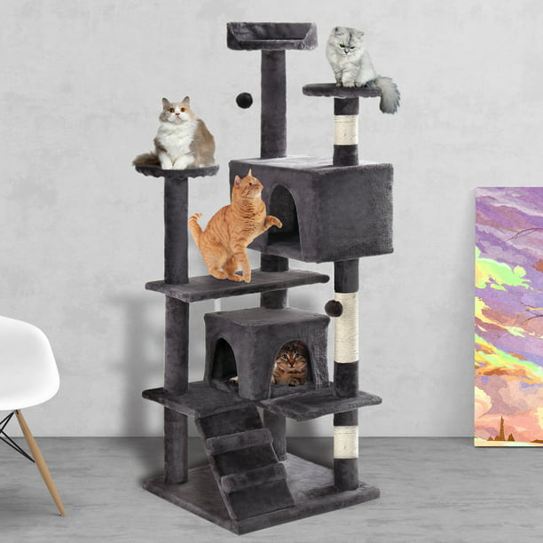 Queenmail 53 inches Multi-Level Cat Tree Stand House Furniture Kittens Activity Tower with Scratching Posts Kitty Pet Play House,Dark Grey